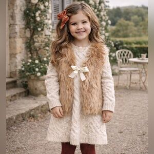 Girls Faux Fur Vest with Bow Size 120 (5-6 years) Camel Tan Boutique Layer